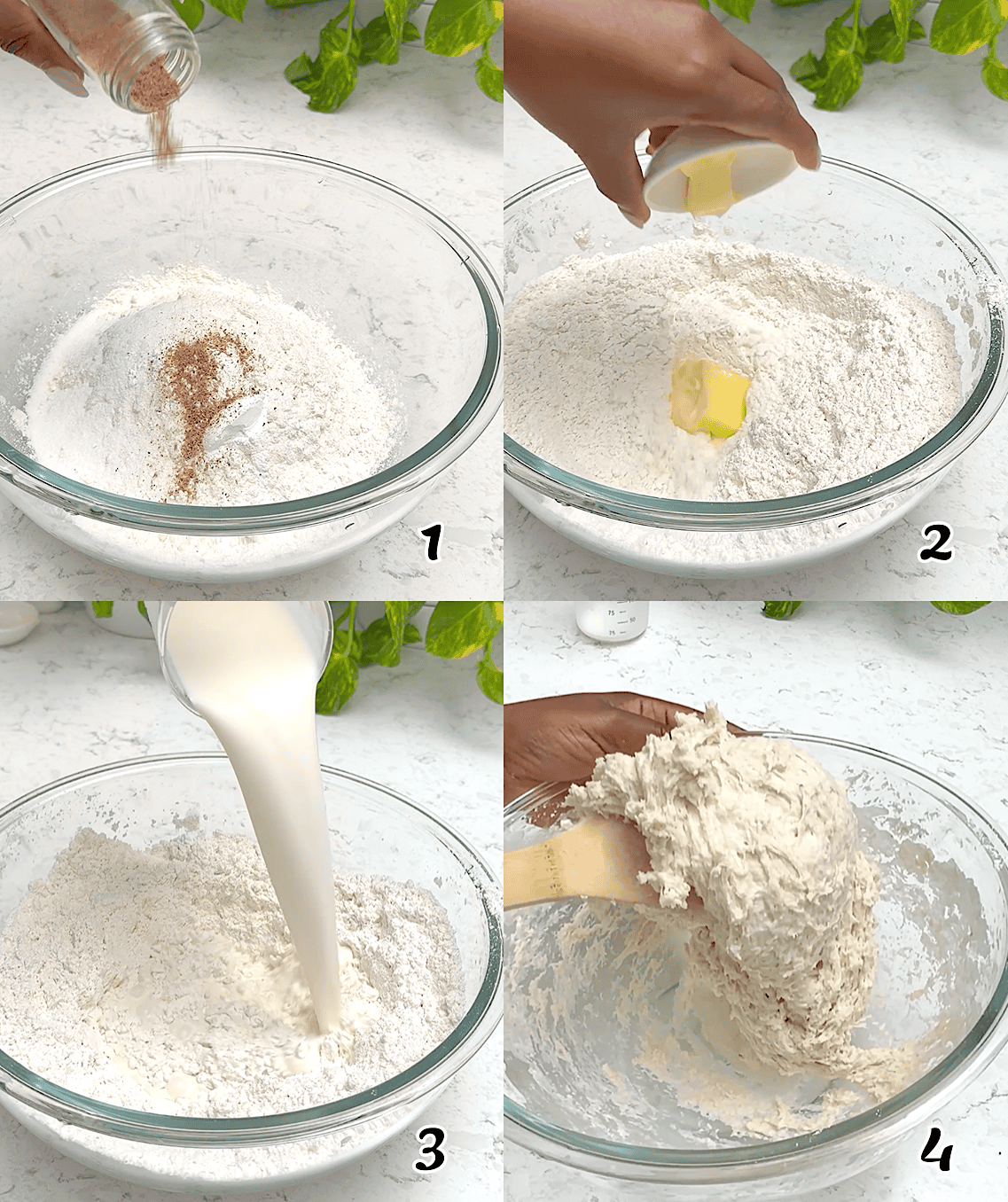 Mix the dry ingredients, add the butter, then the milk, and knead.