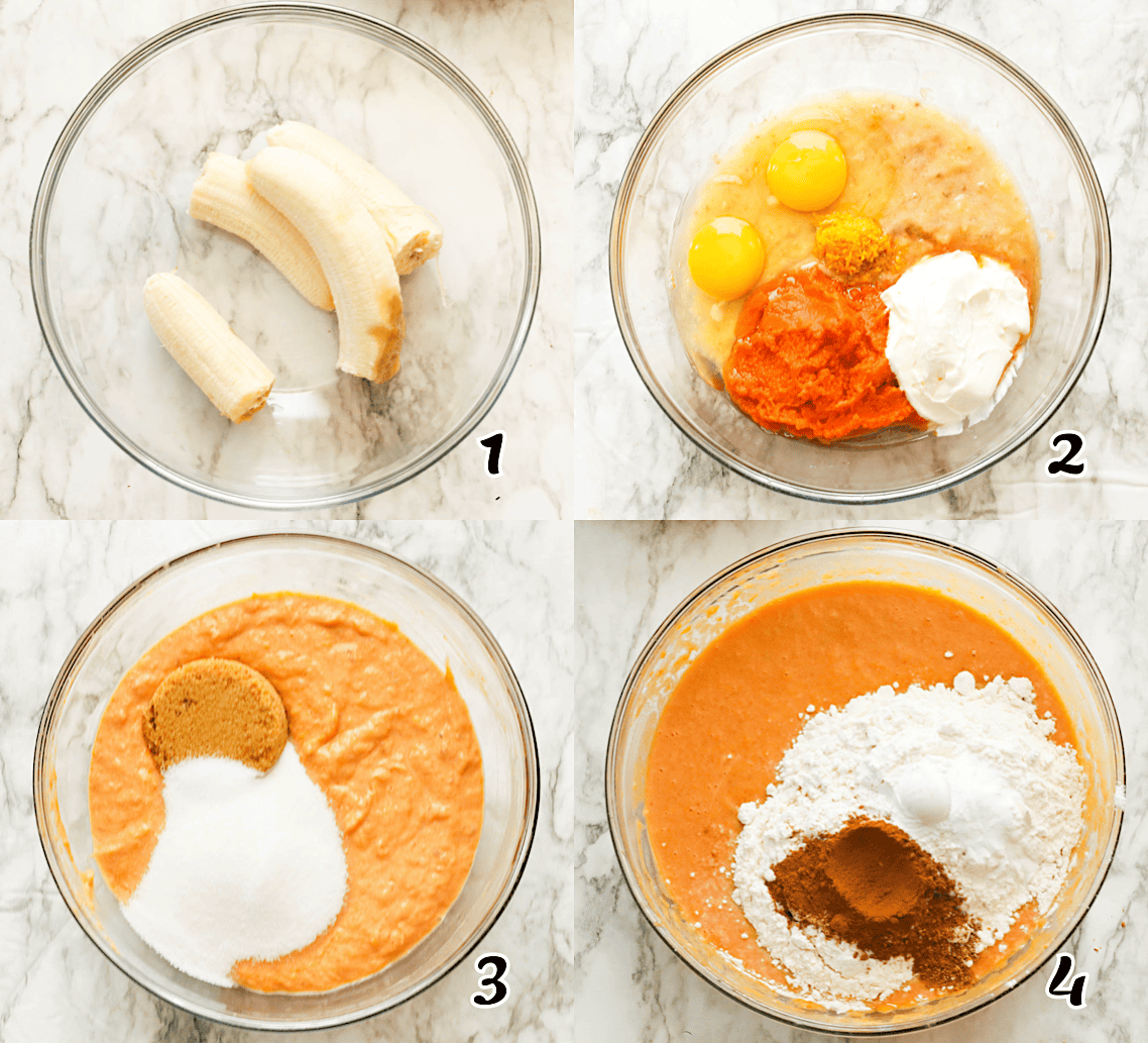 Mash the bananas, mix the wet ingredients, add the sugar, then the dry ingredients.