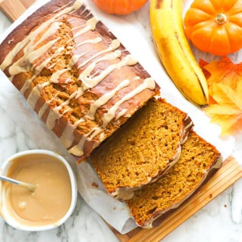 Slicing into freshly baked pumpkin banana bread for a decadent fall treat.
