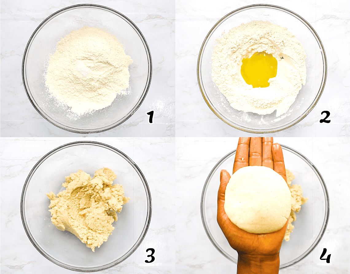 Mix the dry ingredients, add the butter and water, form patties.