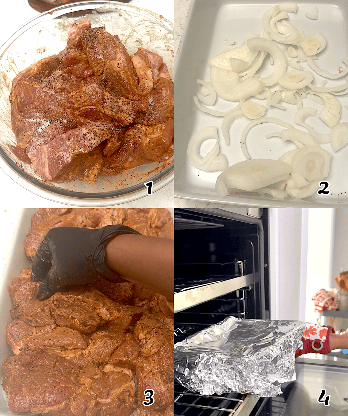 Season the meat, layer the onions, add the meat, cover, and bake.