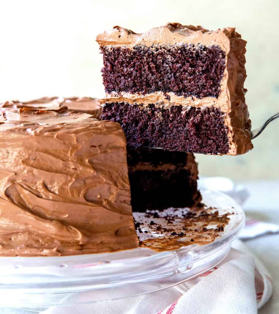 Slicing into a decadent and soul-satisfying devil's food cake.