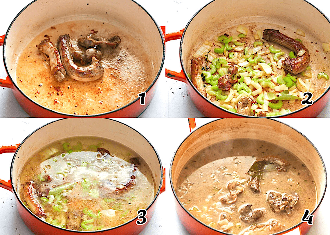 Sear the meat, add the aromatics, then add water to simmer.