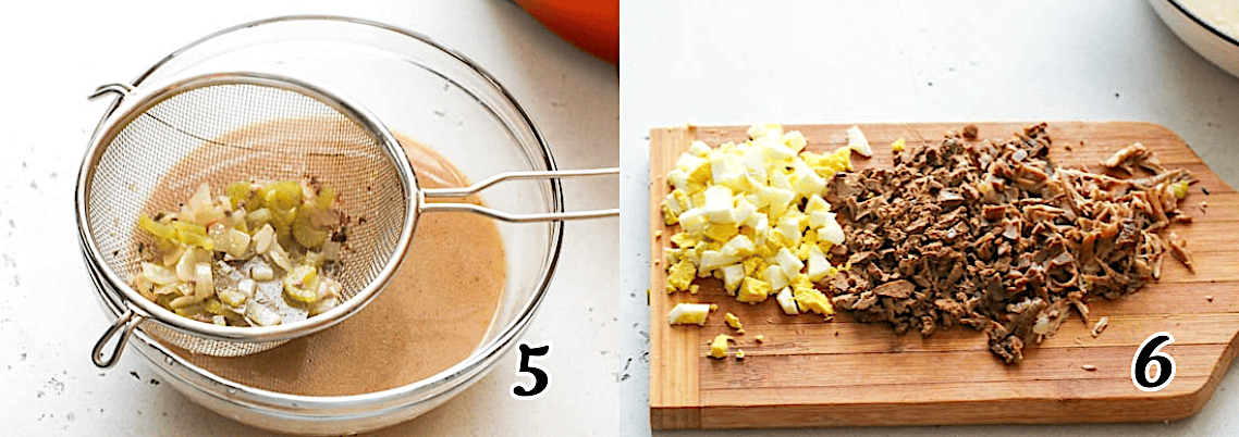 Strain the broth, chop the reserved meat and the hard-boiled egg.