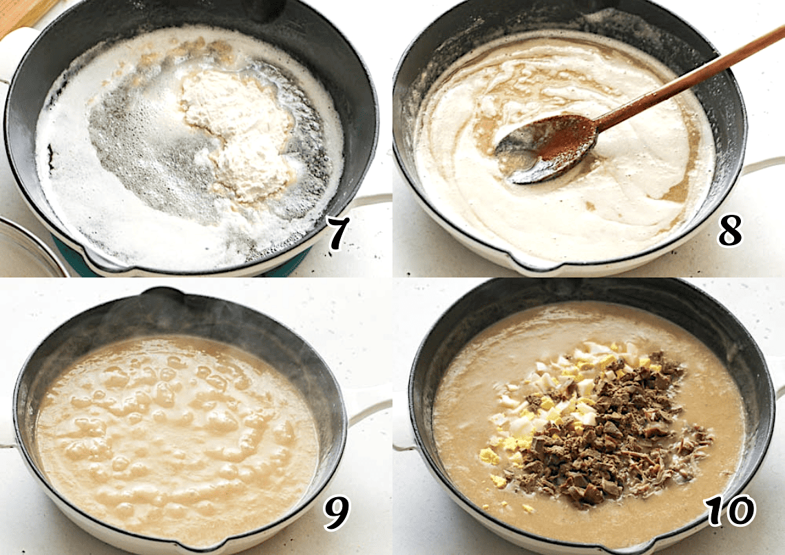 Make the roux, add the broth and pan drippings, and simmer. Then stir in the chopped meat and boiled egg and heat through.