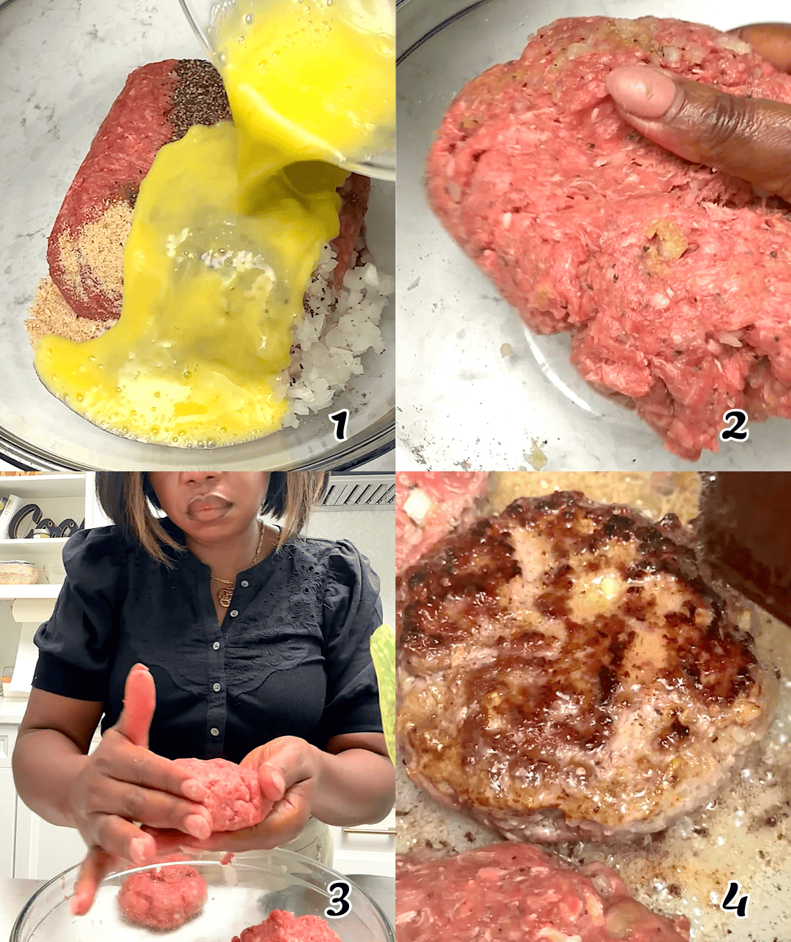 Mix the patty ingredients, shape into patties, and sear them in a skillet.