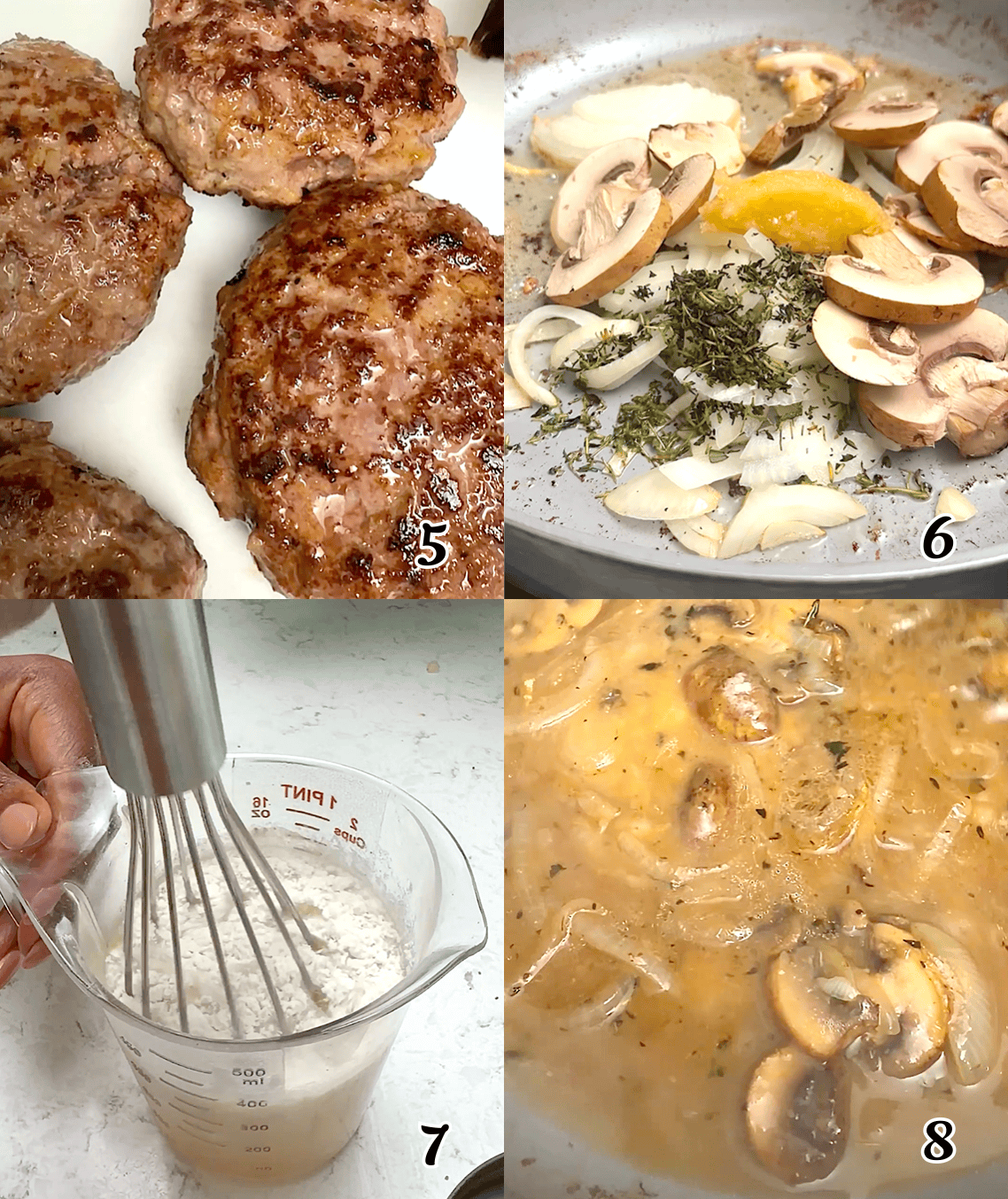 Set the patties aside, saute the aromatics and mushrooms, add the flour and broth, and simmer until thickened.