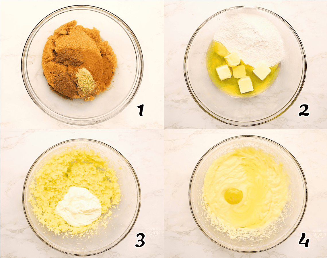 Make the streusel layer, cream the butter, oil, and sugar, then add the sour cream and eggs.