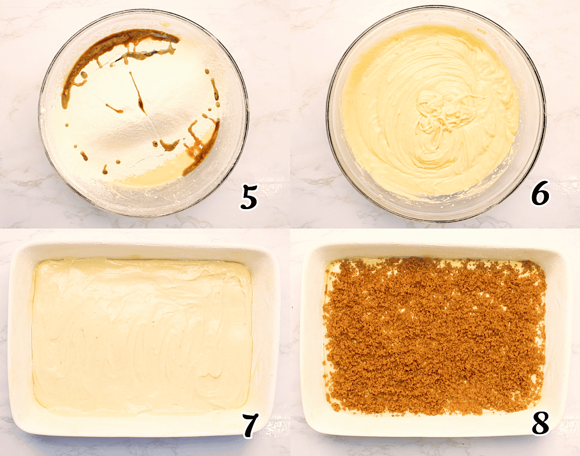 Add the dry ingredients and vanilla extract, mix well, pour half of the batter into the pan. Top with most of the cinnamon sugar.