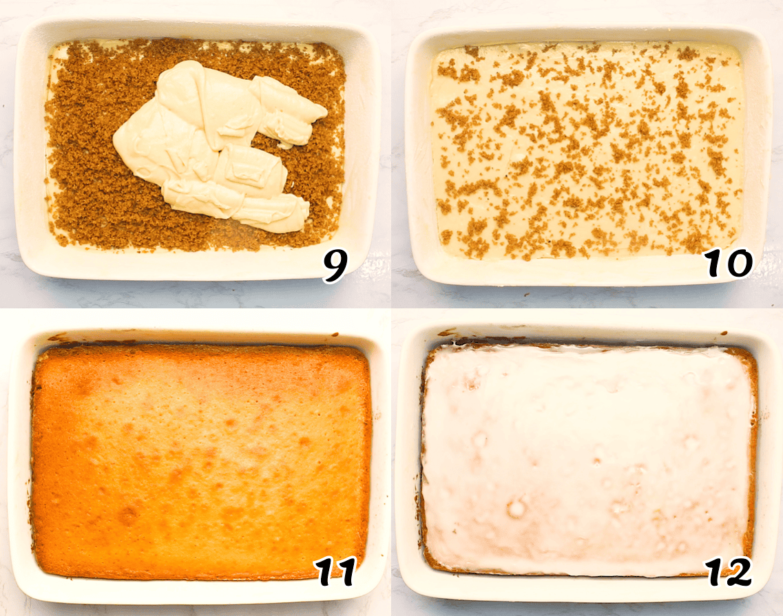 Layer on the rest of the batter, sprinkle with the rest of the cinnamon sugar, and bake. Make the glaze and spread it over the cake. Enjoy.