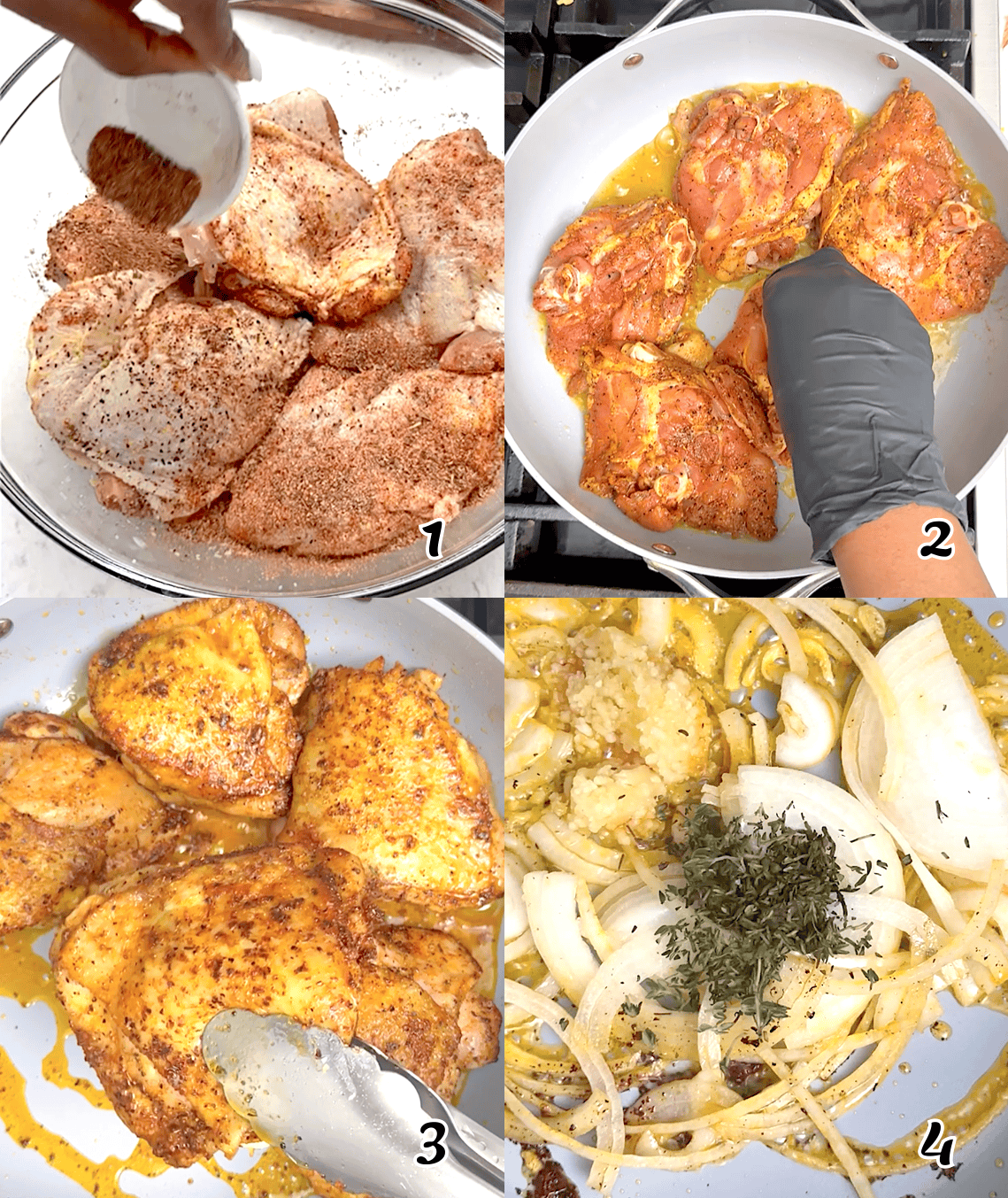 Season and sear, set aside, and saute the aromatics.