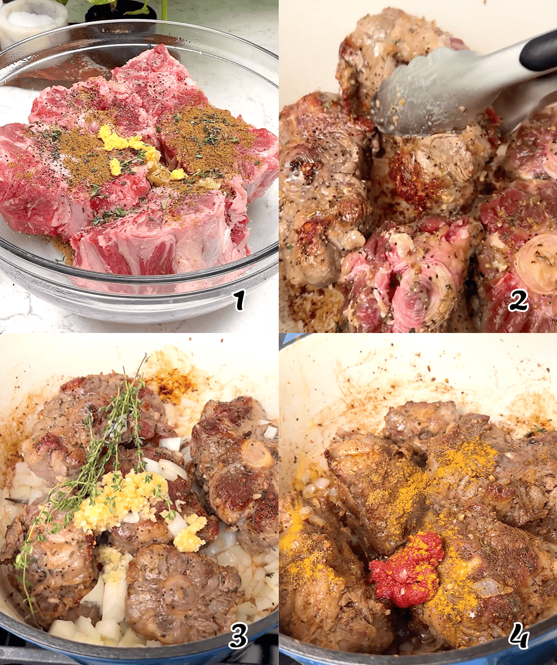 Season the meat, sear it, and add the aromatics and seasonings.