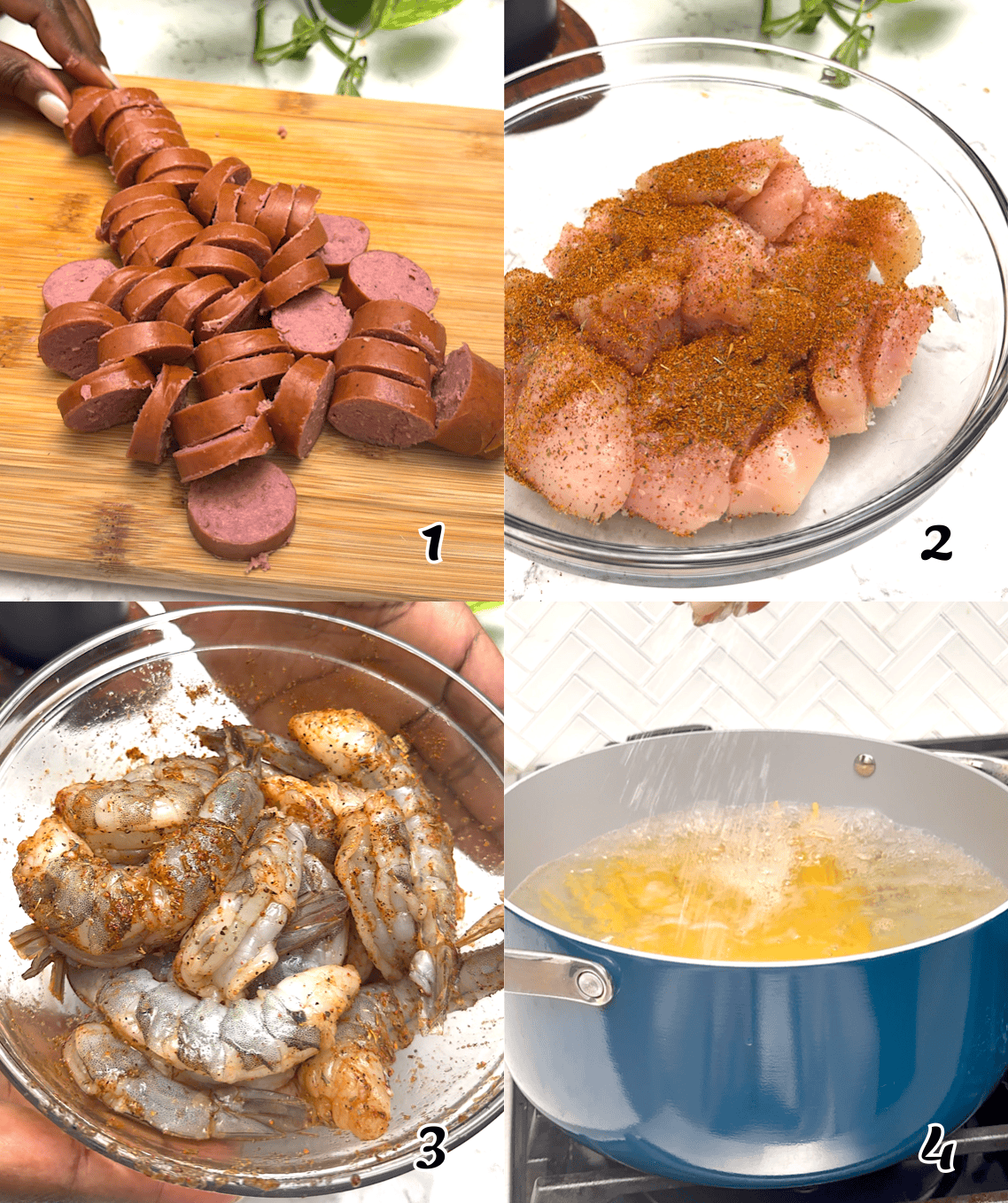 Prep the proteins; chop the sausage, season the chicken and shrimp, and get the pasta boiling.
