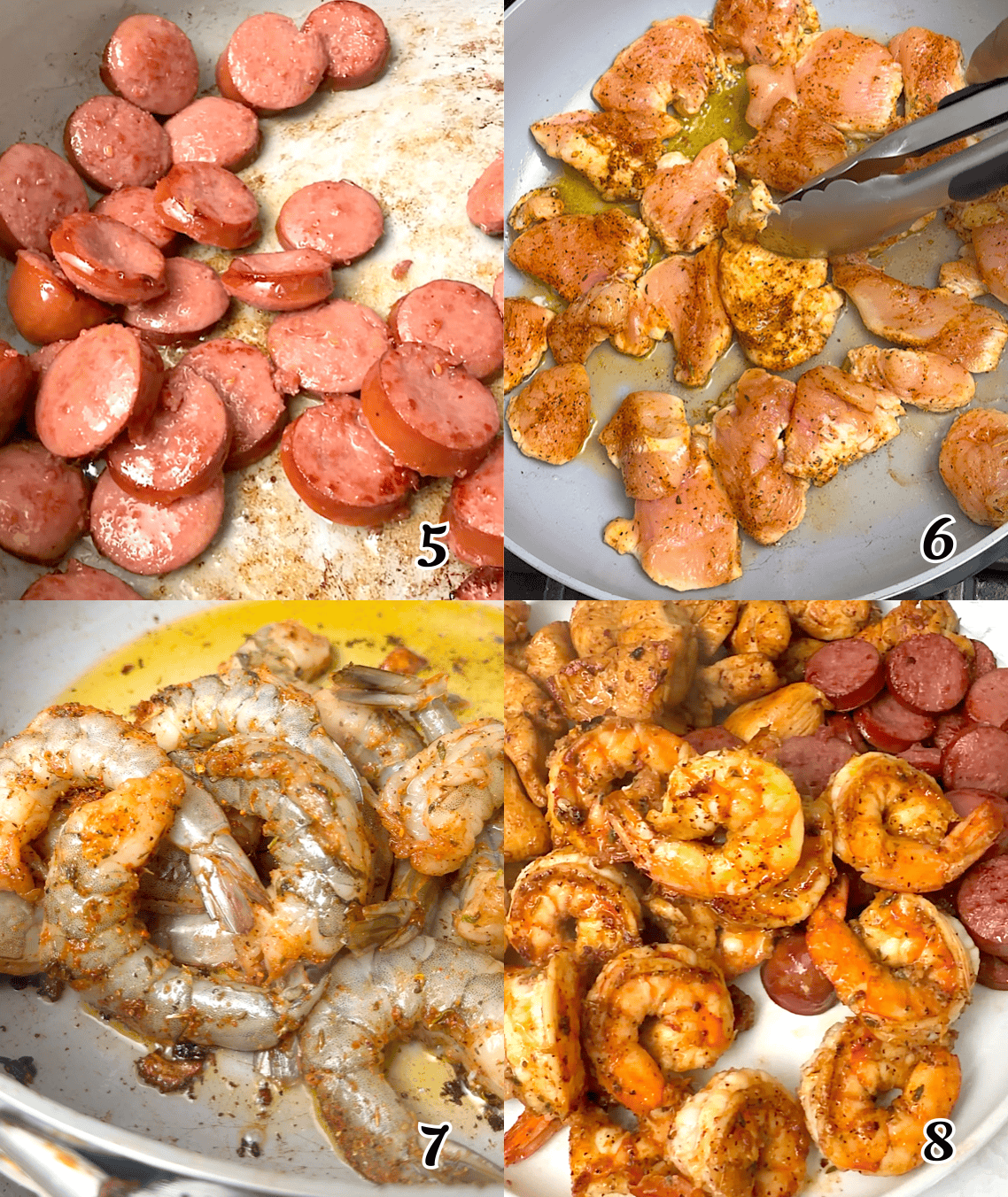 Cook the andouille sausage, chicken, and shrimp in a skillet, then set them all aside.