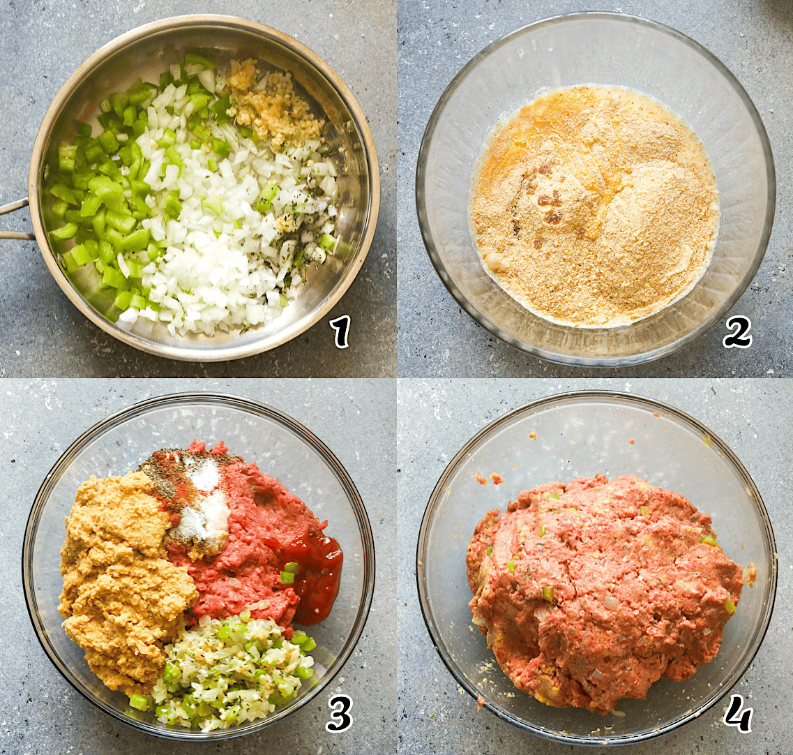 Saute the aromatics, make the breadcrumb mixture, stir in the seasonings and ground beef, and mix well.