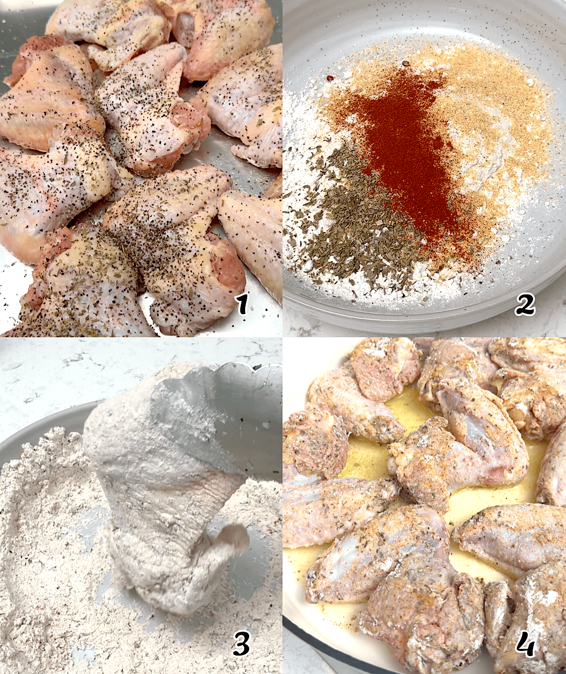 Season and dredge the wings in a seasoned flour mixture. Fry until golden.