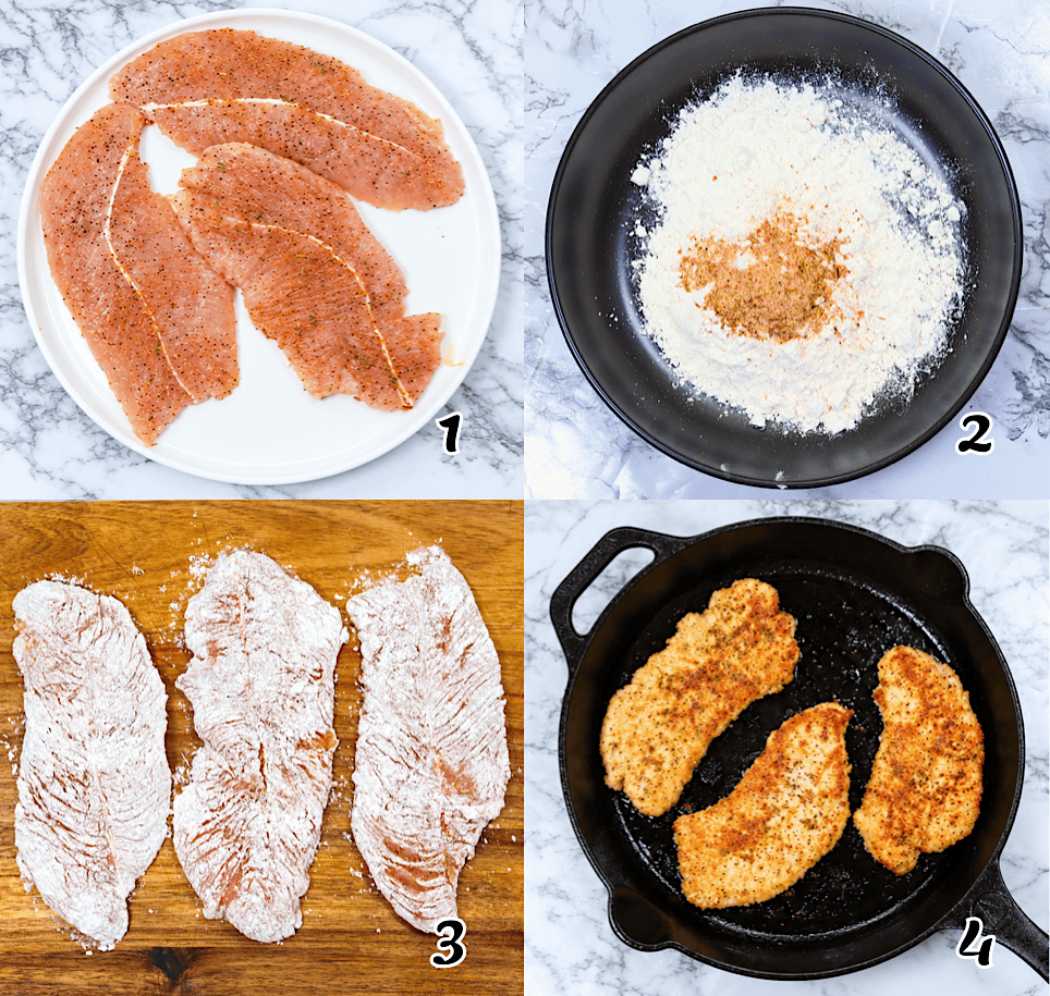 Season, dredge, and sear.