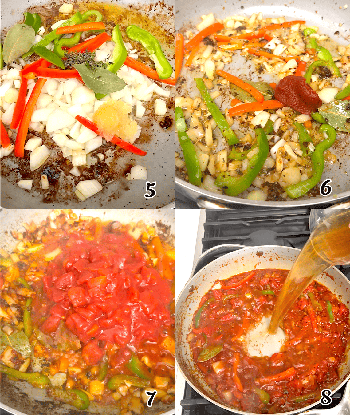 Saute the aromatics, add the tomatoes and seasonings, and then the broth.