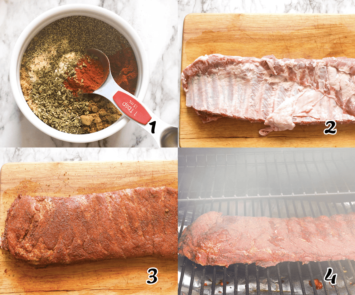 Mix the dry rub, season the meat, and put in the smoker.