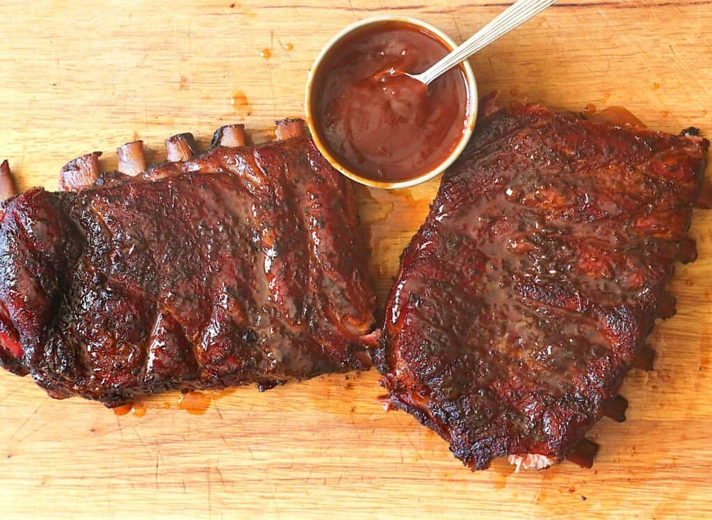 3-2-1 smoked ribs fresh from the pellet grill and ready to enjoy.