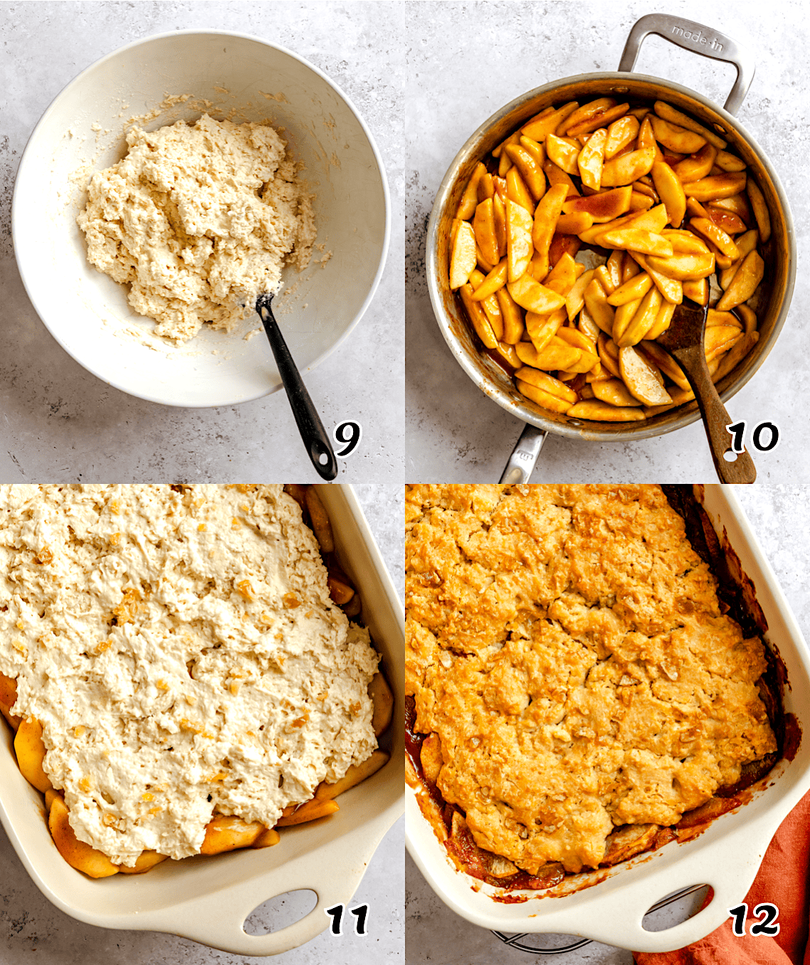 Add the stewed apples to a baking dish, top with the biscuit batter, and bake until golden and bubbly.