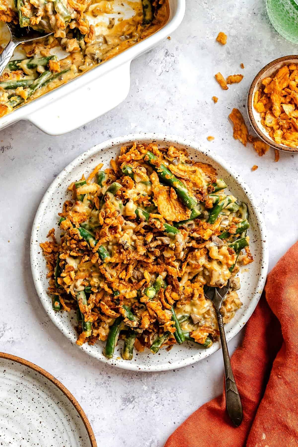 Enjoying a plate full of green bean casserole for the holidays.