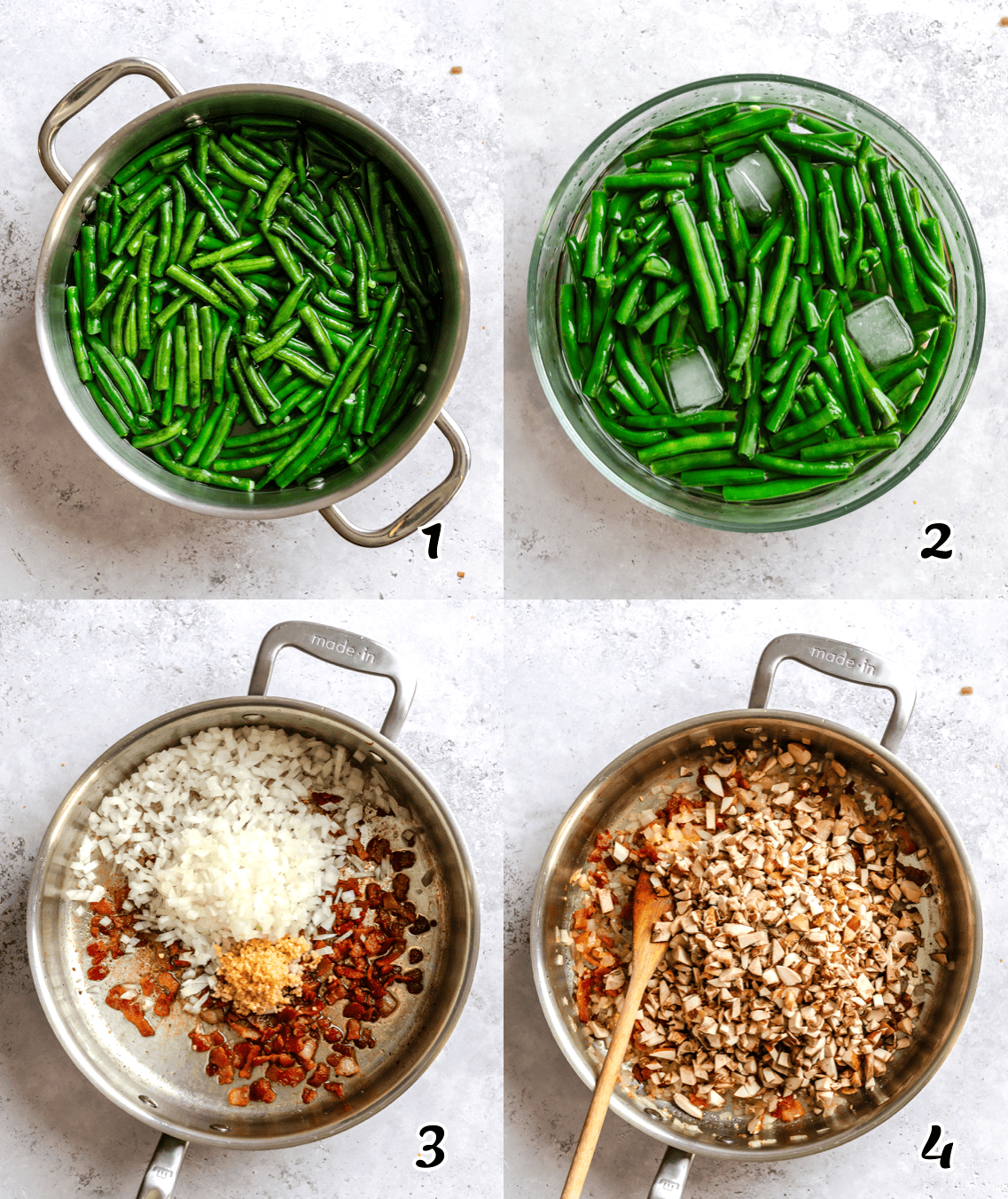 Blanch the veg, fry the bacon, saute the aromatics, and add the mushrooms.
