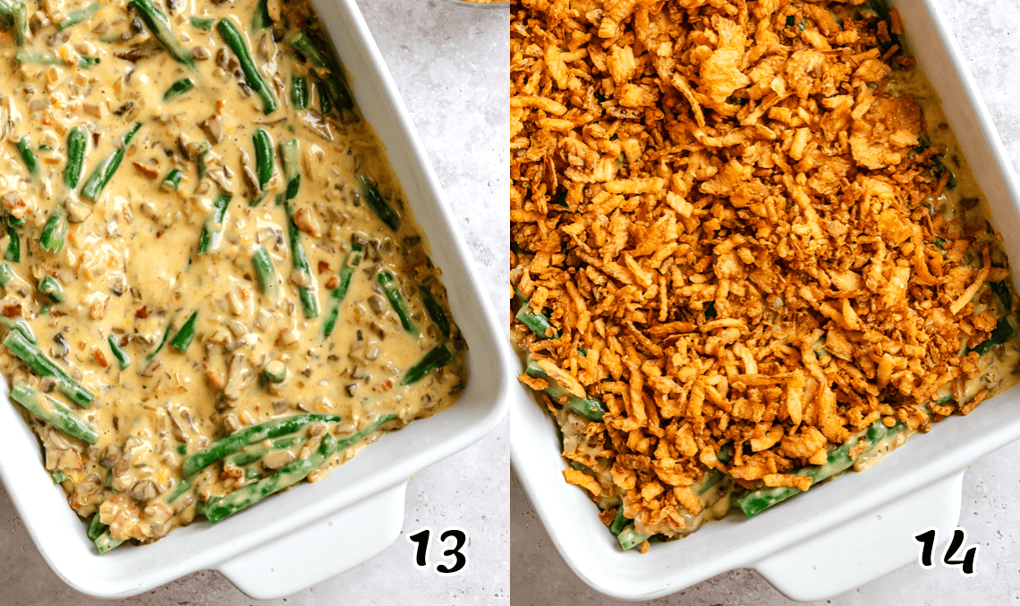 Pour the mixture in a deep baking dish, top with the fried onions, and bake until bubbly.