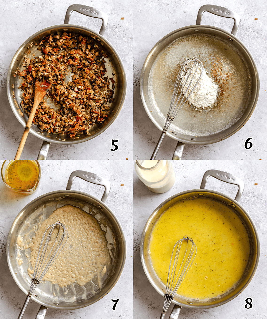 Finish cooking the mushrooms, make the roux, then add the broth and evaporated milk.
