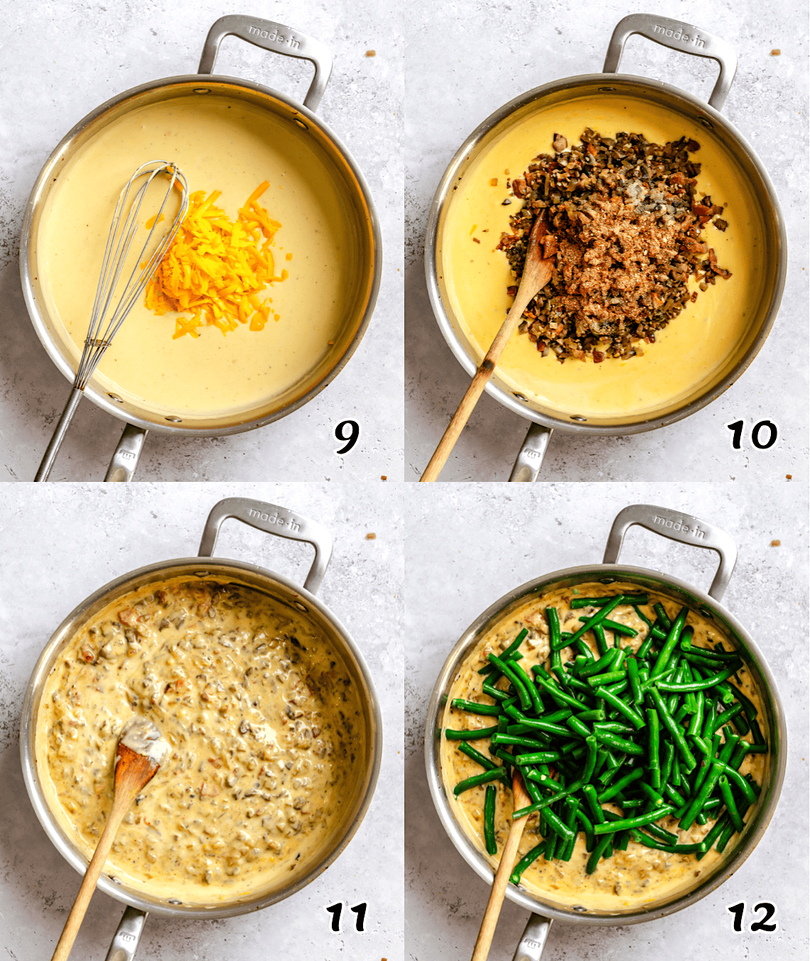 Add the cheese, mushroom mix, and the green beans. Stir well.
