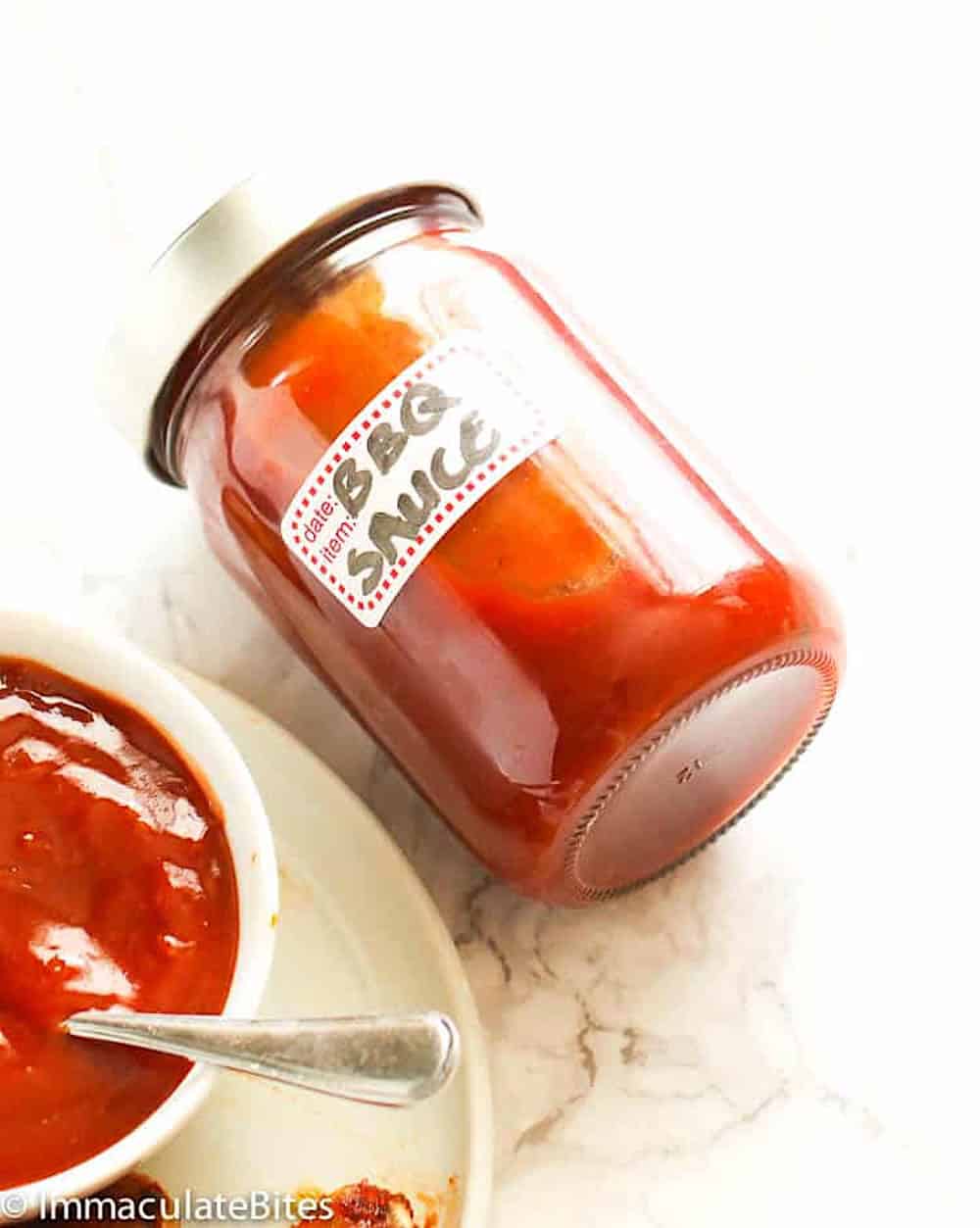 BBQ sauce made at home and stored in a glass pint jar.
