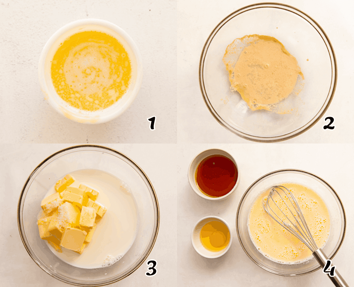Make the honey-butter, activate the yeast, then mix the wet ingredients.