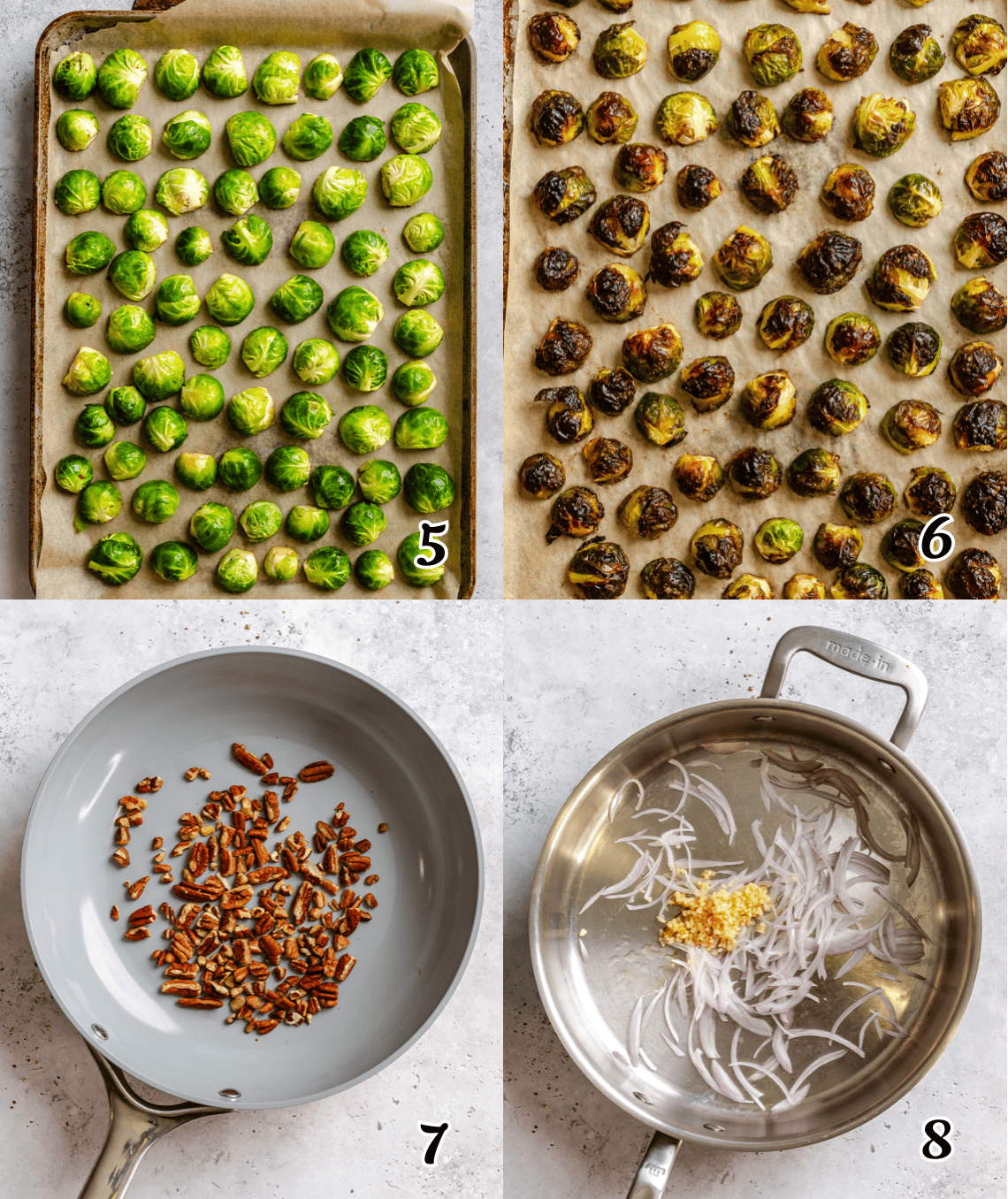 Roast the Brussels sprouts, toast the pecans, and saute the aromatics.