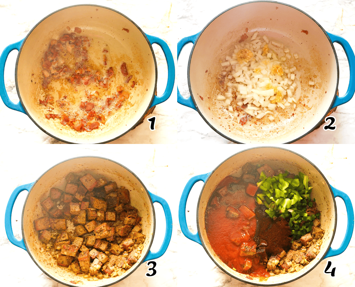 Fry the bacon, saute the aromatics, add the beef and the liquids.