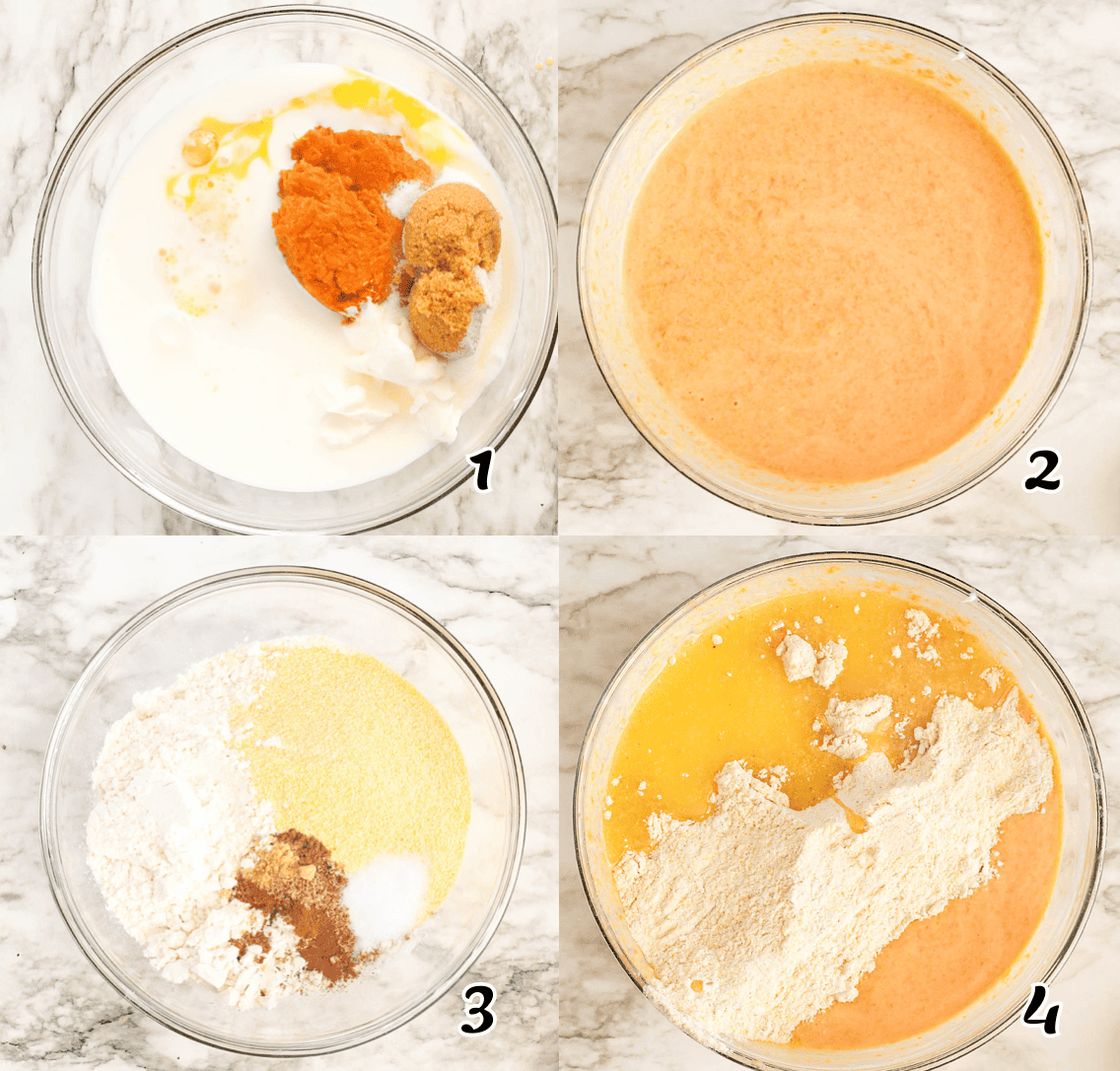 Mix the wet ingredients, mix the dry ingredients, then combine both.